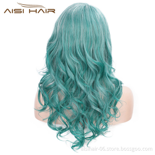 Aisi Hair Synthetic Long Wavy Lake Blue Wig for Woman Cosplay Wig Grey Green Blue Heat Resistant Fiber Wigs